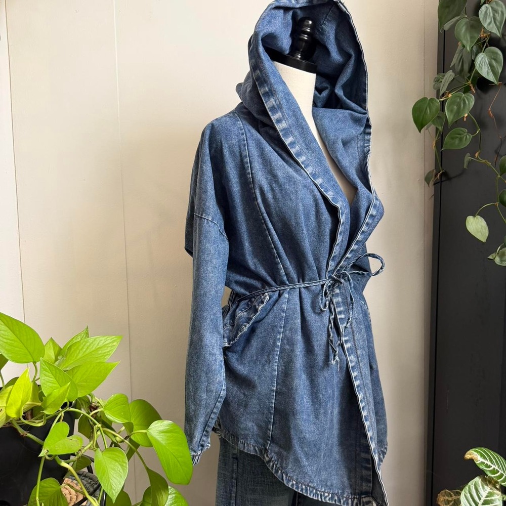 Womens Oversized Denim Hooded Jacket Blue Asymmetrical Hem Tie Waist Small